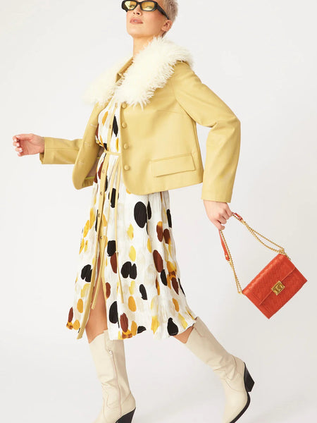 Yellow Faux Leather Jacket With Faux Shearling Collar-1