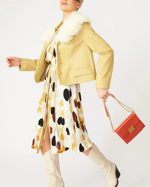 Yellow Faux Leather Jacket With Faux Shearling Collar-1