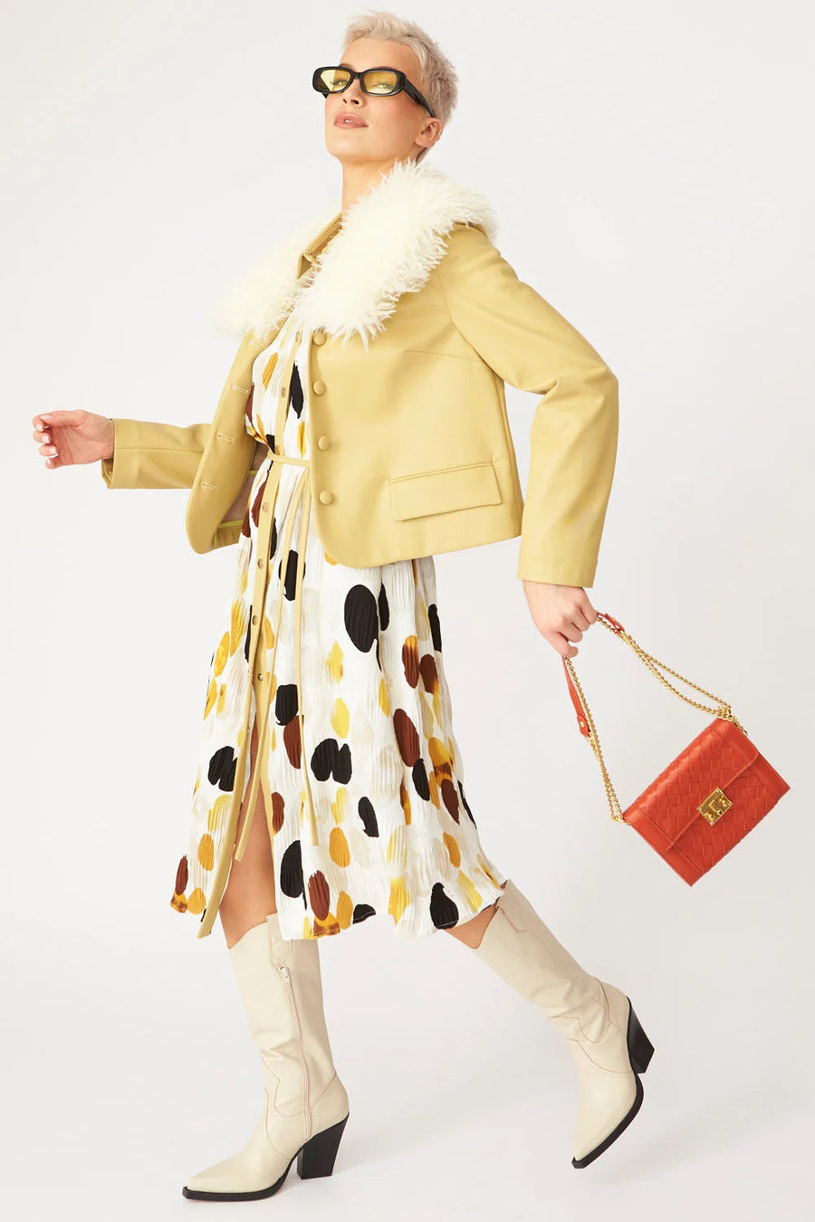 Lucasta Beaumont — Yellow Faux Leather Jacket With Faux Shearling Collar, alternate view 2