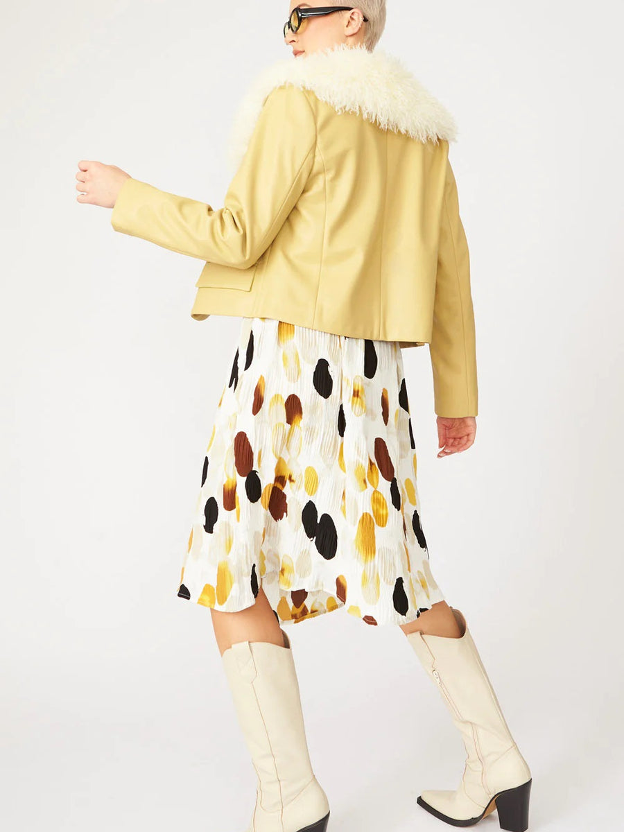 Yellow Faux Leather Jacket With Faux Shearling Collar-2