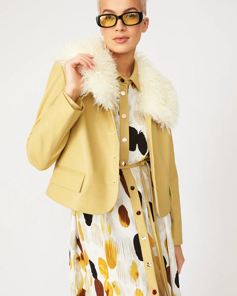 Yellow Faux Leather Jacket With Faux Shearling Collar-0