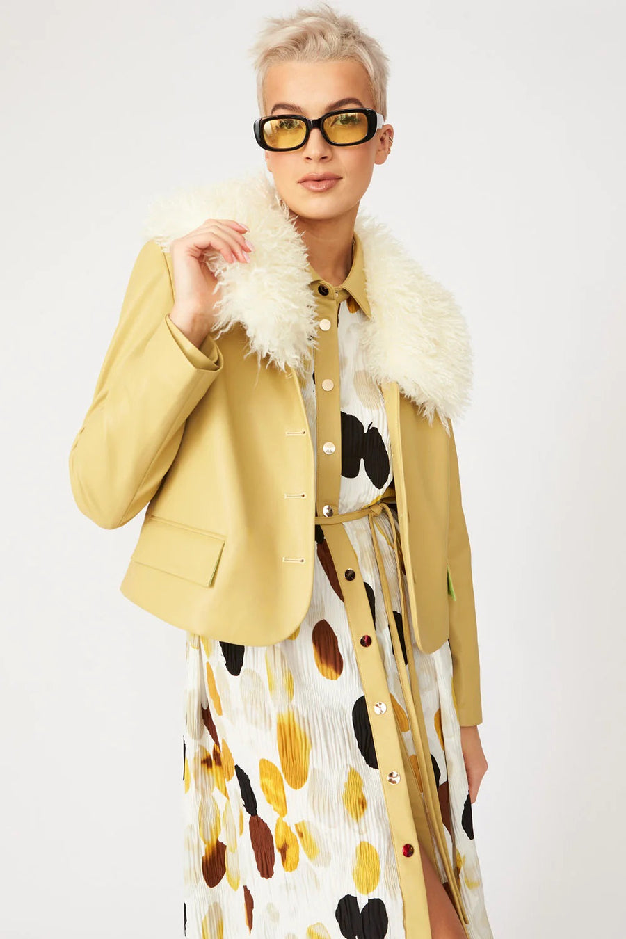 Lucasta Beaumont — Yellow Faux Leather Jacket With Faux Shearling Collar