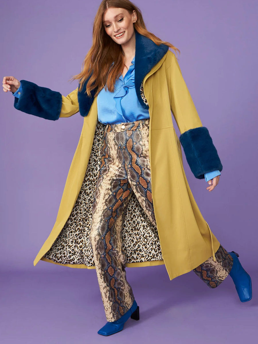 Yellow Faux Leather Trench Coat with Faux Fur Collar and Cuffs-1