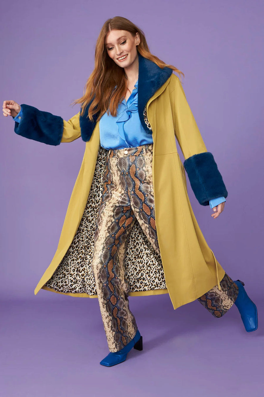 Bellina Beaumont — Yellow Faux Leather Trench Coat with Faux Fur Collar and Cuffs, alternate view 2