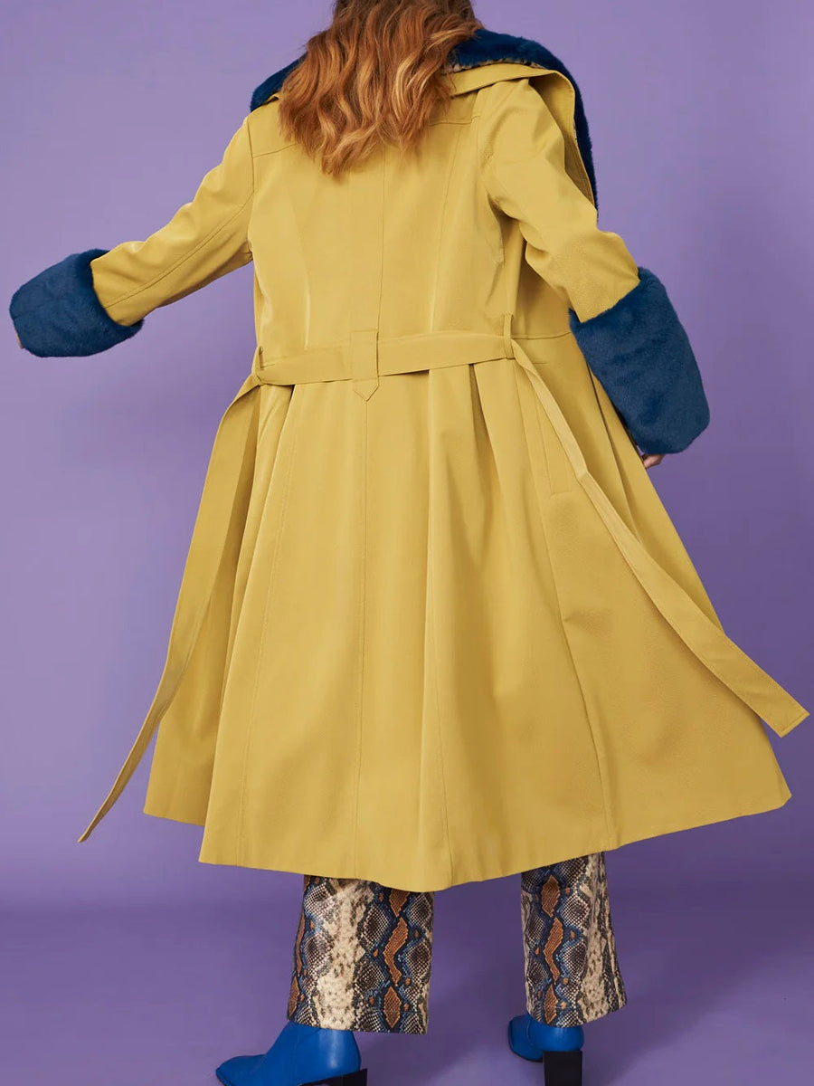 Yellow Faux Leather Trench Coat with Faux Fur Collar and Cuffs-3