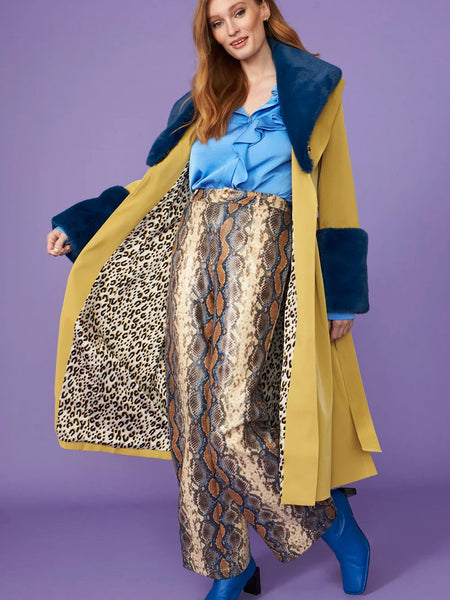 Yellow Faux Leather Trench Coat with Faux Fur Collar and Cuffs-0