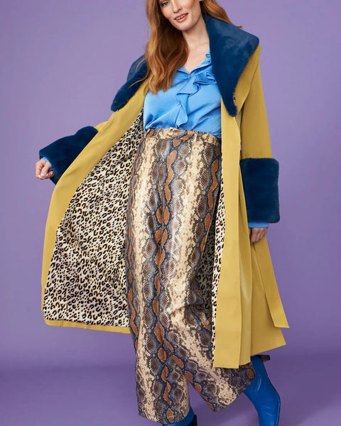 Yellow Faux Leather Trench Coat with Faux Fur Collar and Cuffs-0