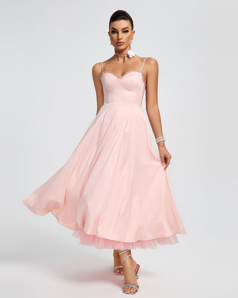 Medium-Length Pink Ballerina Dress with Open Back for Sophisticated Elegance