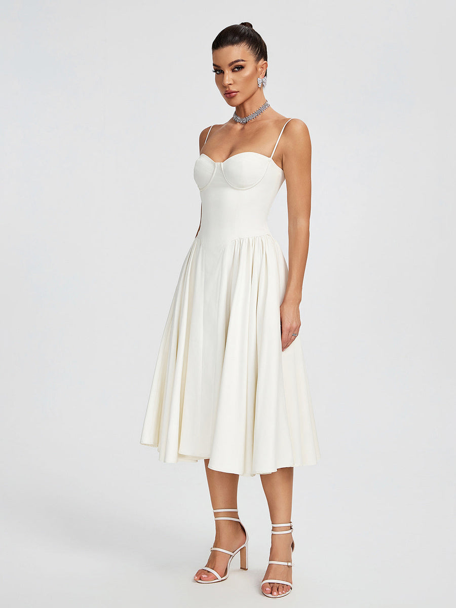Beige Parfait Twill Corset Midi Dress - Opulent Empire