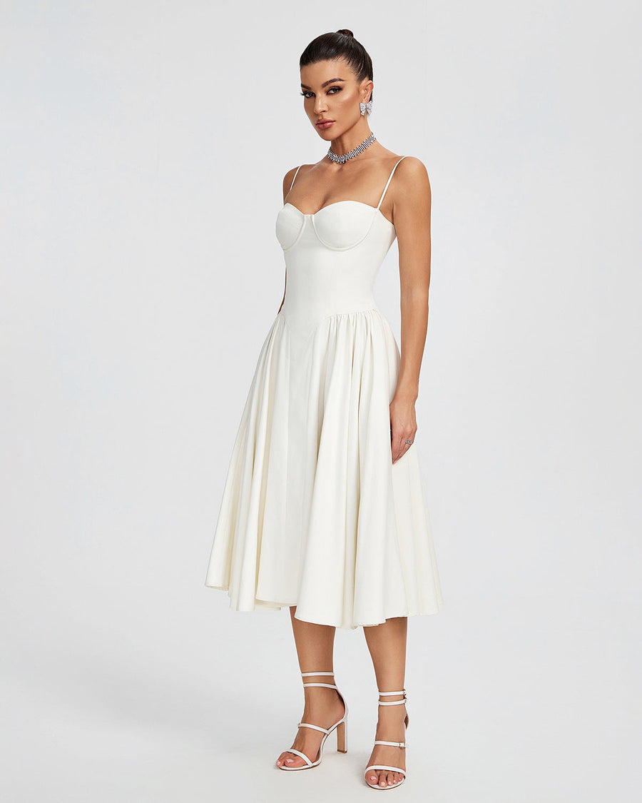 Arielle — Beige Parfait Twill Corset Midi Dress, alternate view 2
