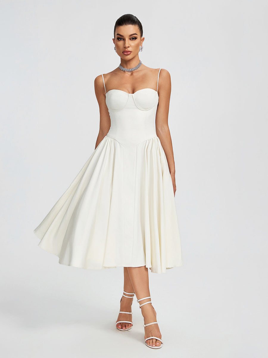 Beige Parfait Twill Corset Midi Dress - Opulent Empire