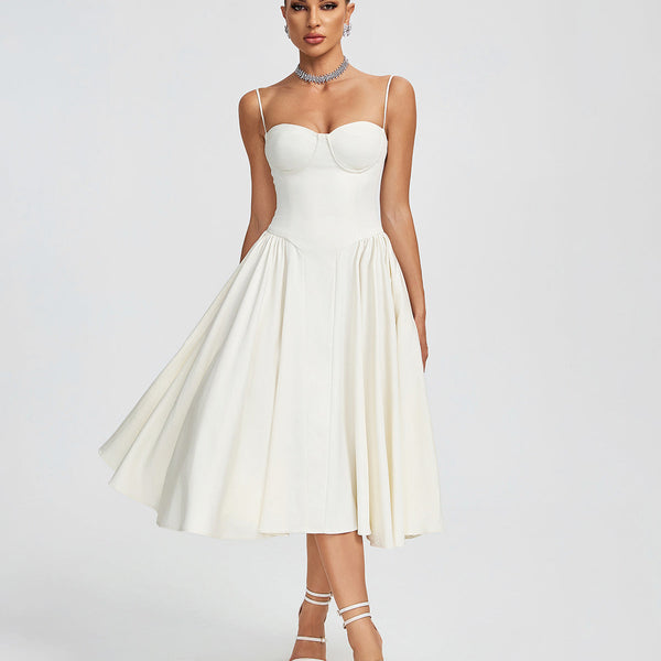 Beige Parfait Twill Corset Midi Dress