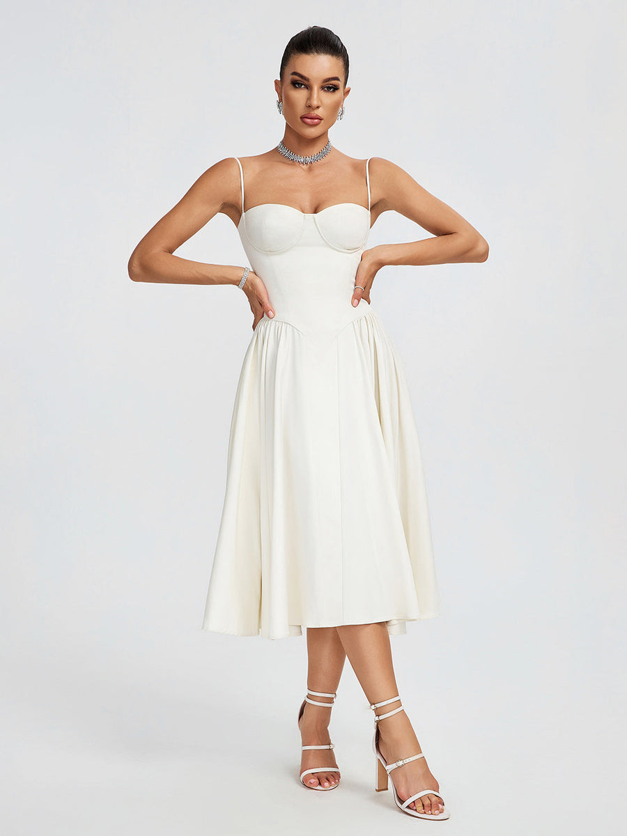 Beige Parfait Twill Corset Midi Dress - Opulent Empire