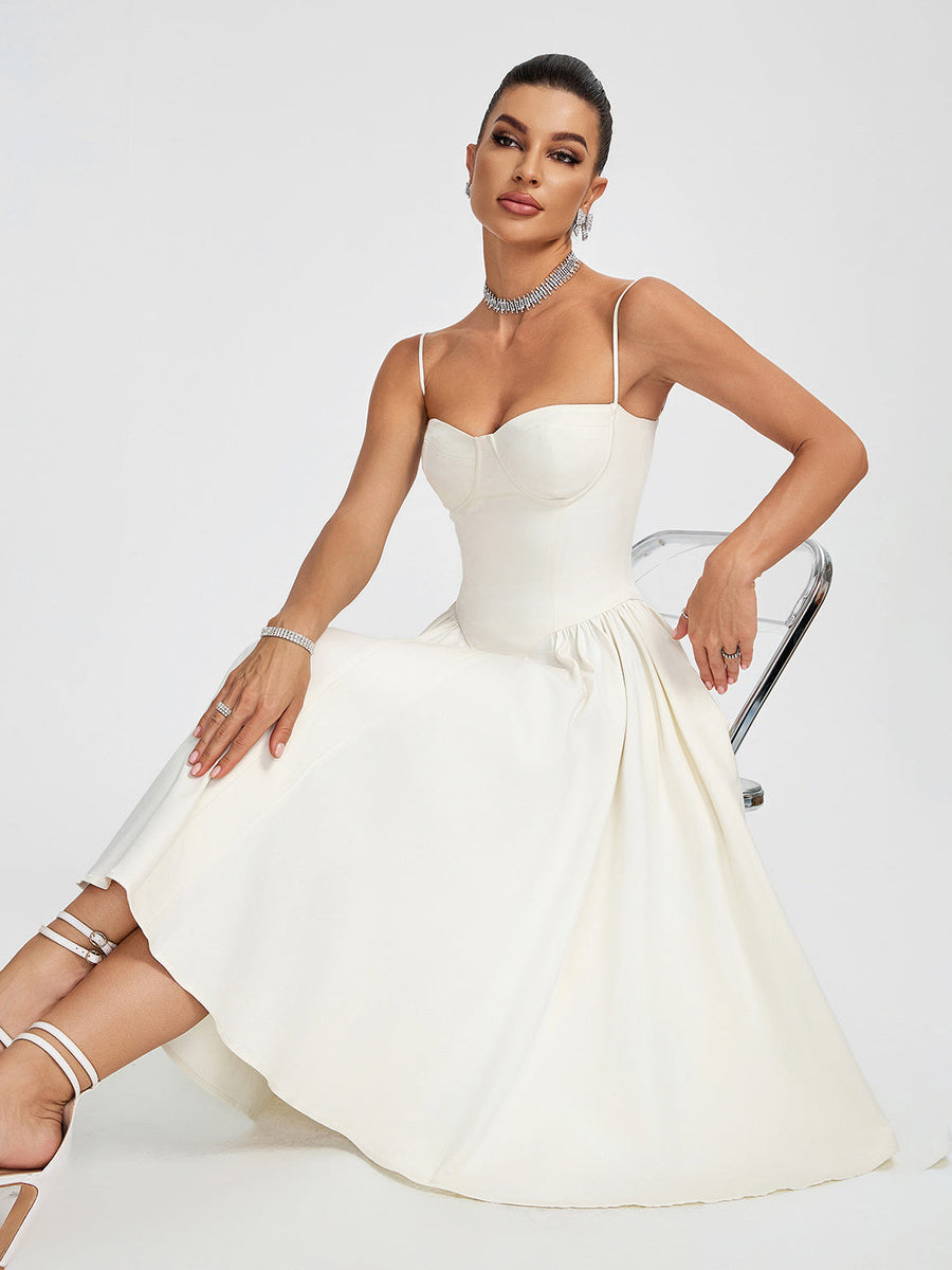 Beige Parfait Twill Corset Midi Dress - Opulent Empire