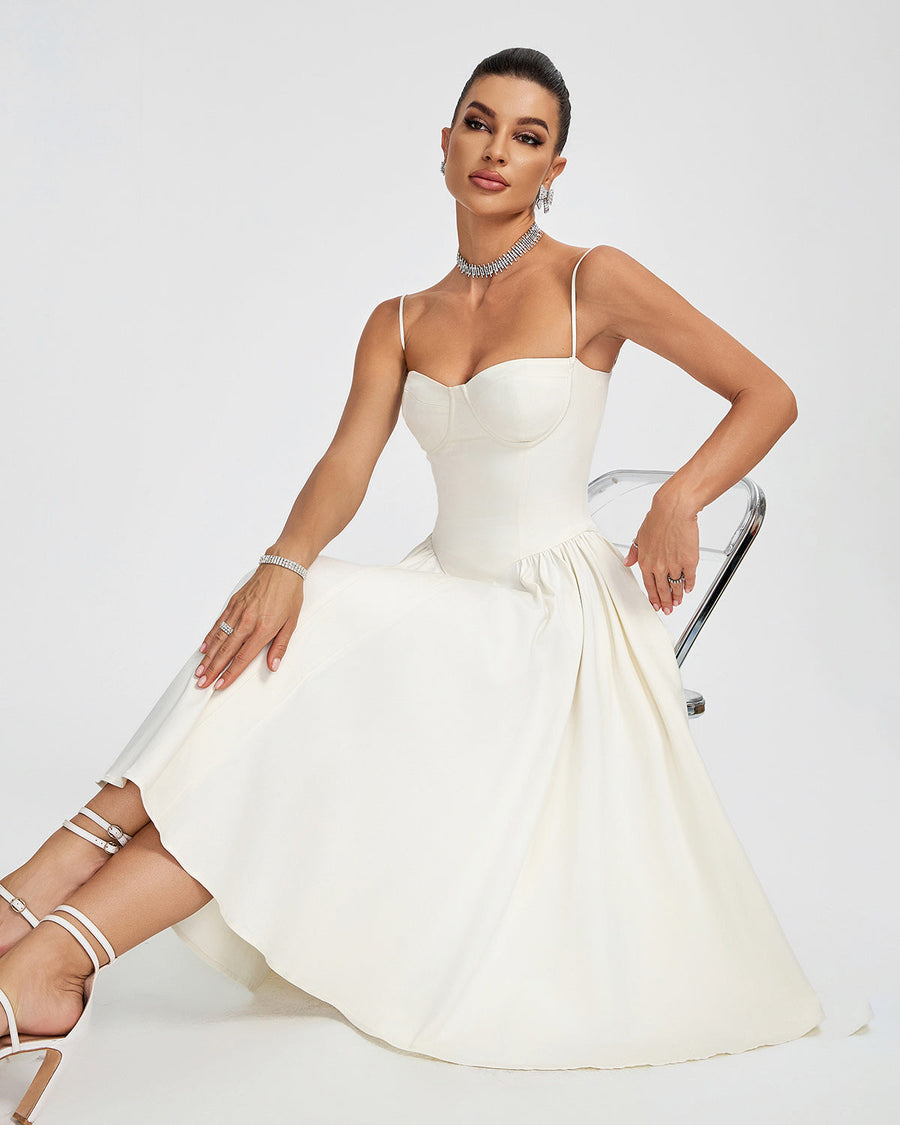 Arielle — Beige Parfait Twill Corset Midi Dress