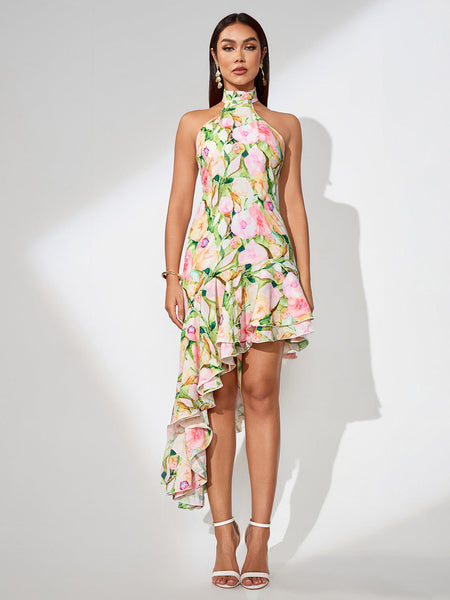 Flowy floral pattern bustier dress with asymmetrical back