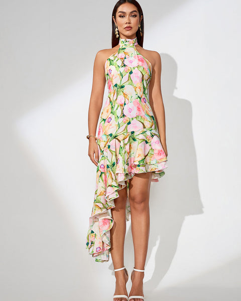 Flowy floral pattern bustier dress with asymmetrical back