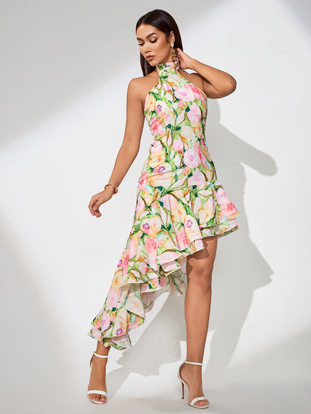 Flowy floral pattern bustier dress with asymmetrical back