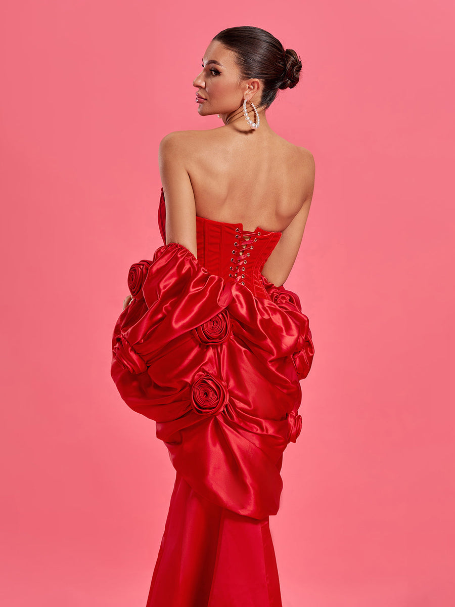 Red satin wedding hat with elegant puffed cape