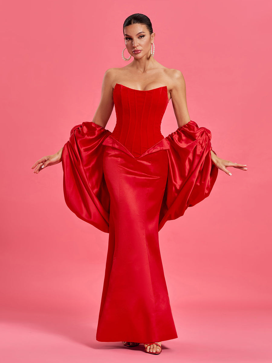 Red satin wedding hat with elegant puffed cape