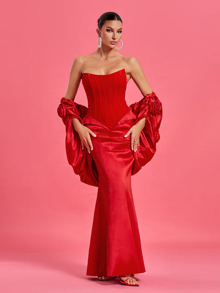 Red satin wedding hat with elegant puffed cape