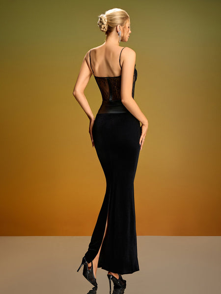 Lace Mesh Corset Velvet Maxi Dress