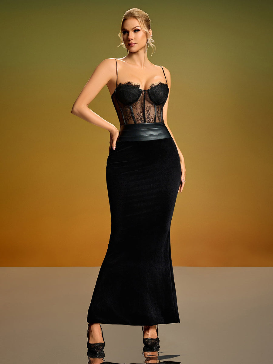 Lace Mesh Corset Velvet Maxi Dress