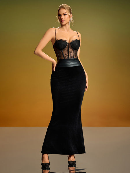 Lace Mesh Corset Velvet Maxi Dress