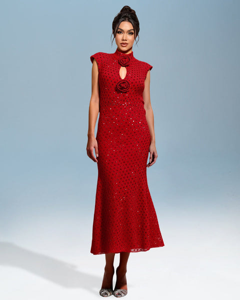 3D Floral Midi Dress with Rhinestones for an Elegant and Refined Look