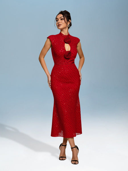 3D Floral Midi Dress with Rhinestones for an Elegant and Refined Look