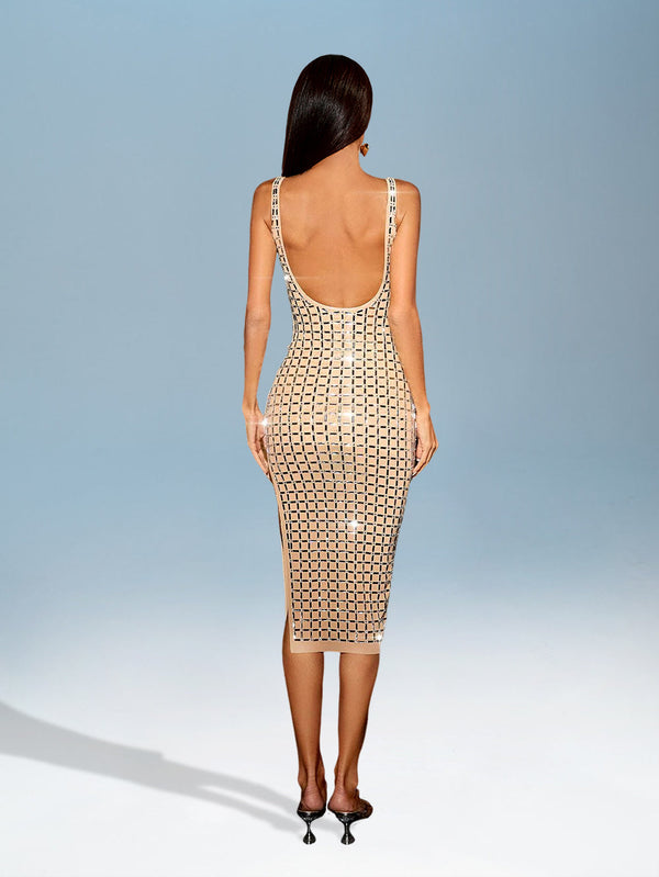 Open-Front Knit Dress Adorned with Rhinestones