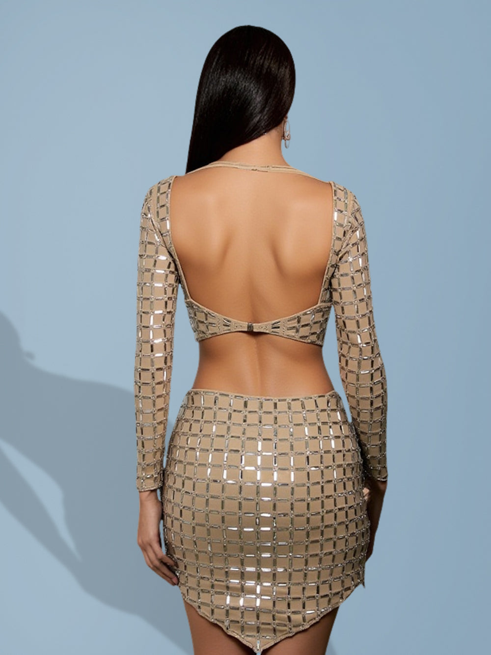 Klara Bellamy — Elegant Knit Set with Triangular Hem and Rhinestone Embellishments Camel Mini Dress, alternate view 3