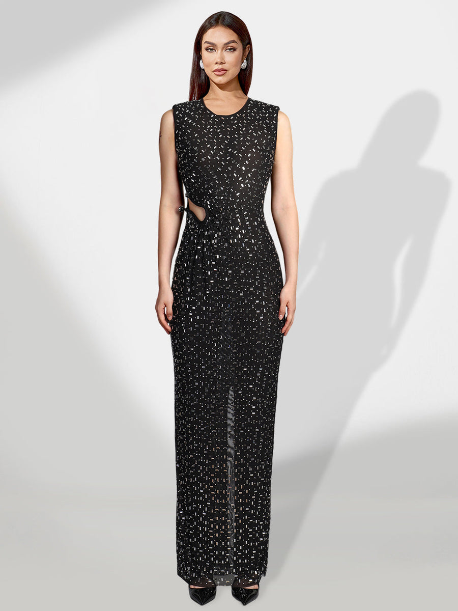 Glamorous Crystal-Accented Slit Maxi Dress for Elegant Occasions