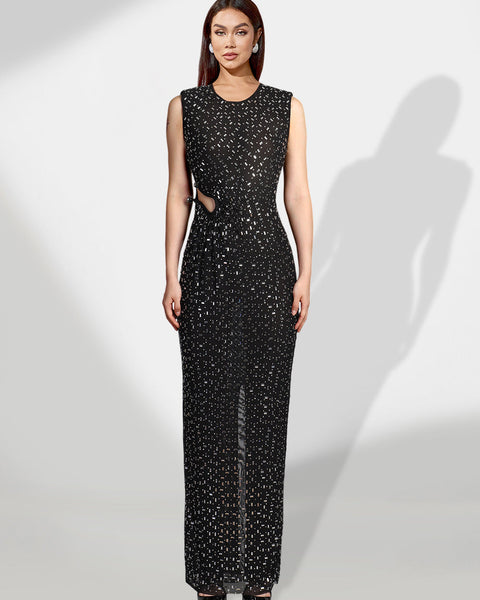 Glamorous Crystal-Accented Slit Maxi Dress for Elegant Occasions