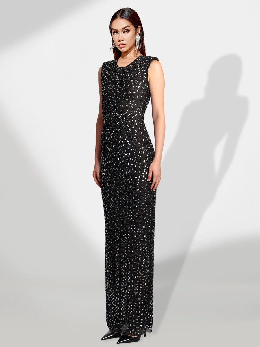 Glamorous Crystal-Accented Slit Maxi Dress for Elegant Occasions