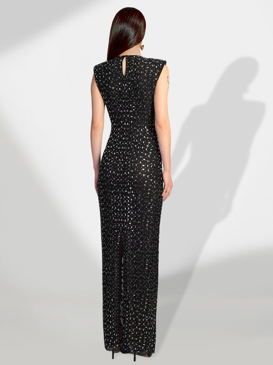 Glamorous Crystal-Accented Slit Maxi Dress for Elegant Occasions