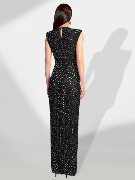 Glamorous Crystal-Accented Slit Maxi Dress for Elegant Occasions