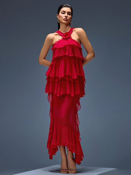 Midi chiffon dress with bow, ruffles, and layered skirt