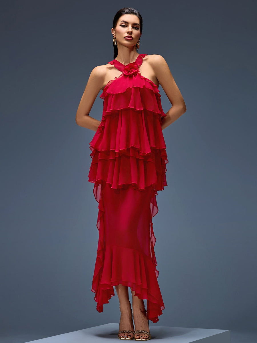Arden Rousseau — Midi chiffon dress with bow, ruffles, and layered skirt