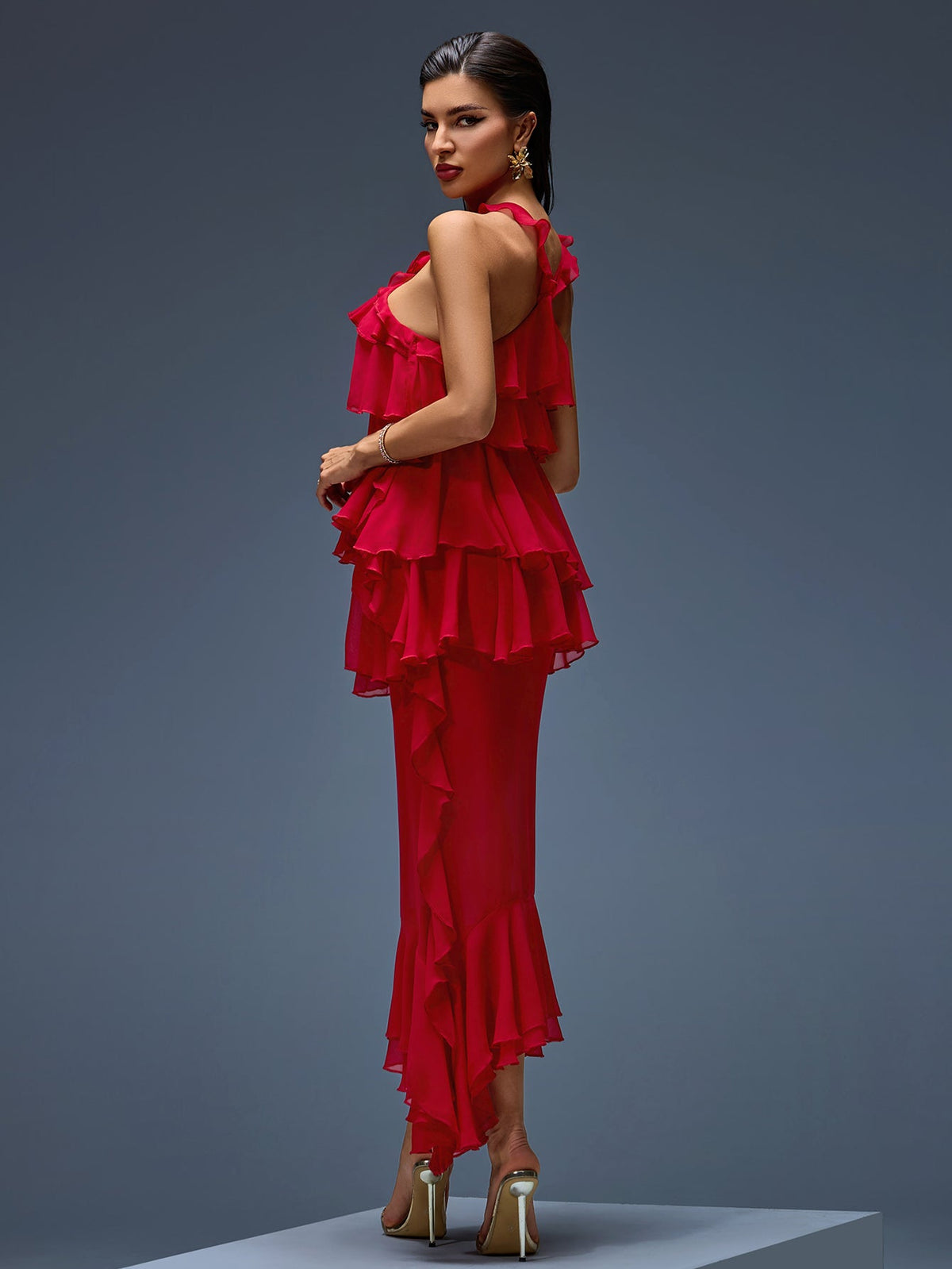 Arden Rousseau — Midi chiffon dress with bow, ruffles, and layered skirt, alternate view 3