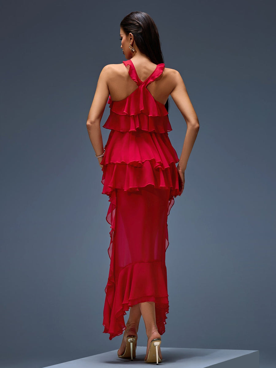 Midi chiffon dress with bow, ruffles, and layered skirt