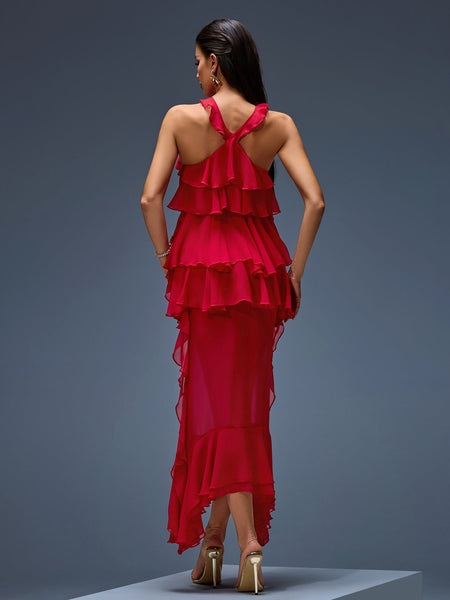 Midi chiffon dress with bow, ruffles, and layered skirt