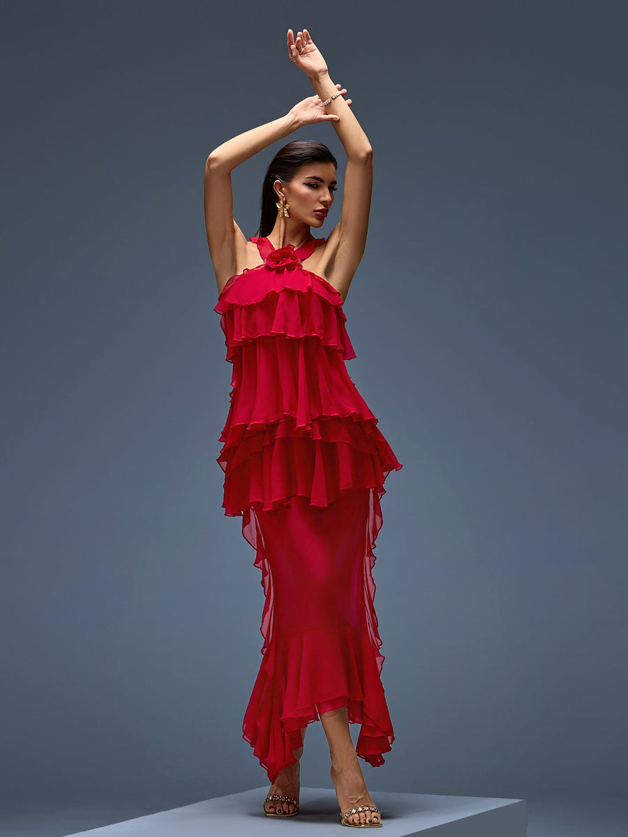 Midi chiffon dress with bow, ruffles, and layered skirt