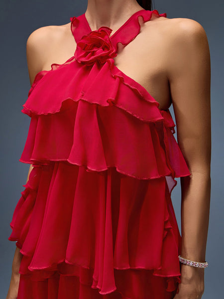 Midi chiffon dress with bow, ruffles, and layered skirt