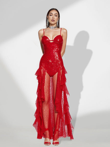 Shiny Sequin Maxi Dress with Ruffles for a Glamorous and Elegant Look