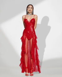 Inez Delacroix — Shiny Sequin Maxi Dress with Ruffles for a Glamorous and Elegant Look
