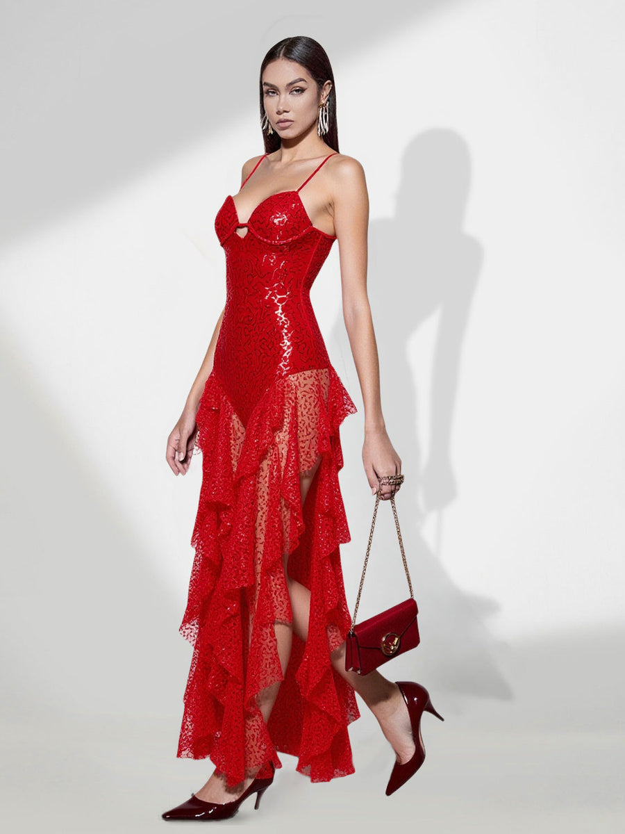 Shiny Sequin Maxi Dress with Ruffles for a Glamorous and Elegant Look