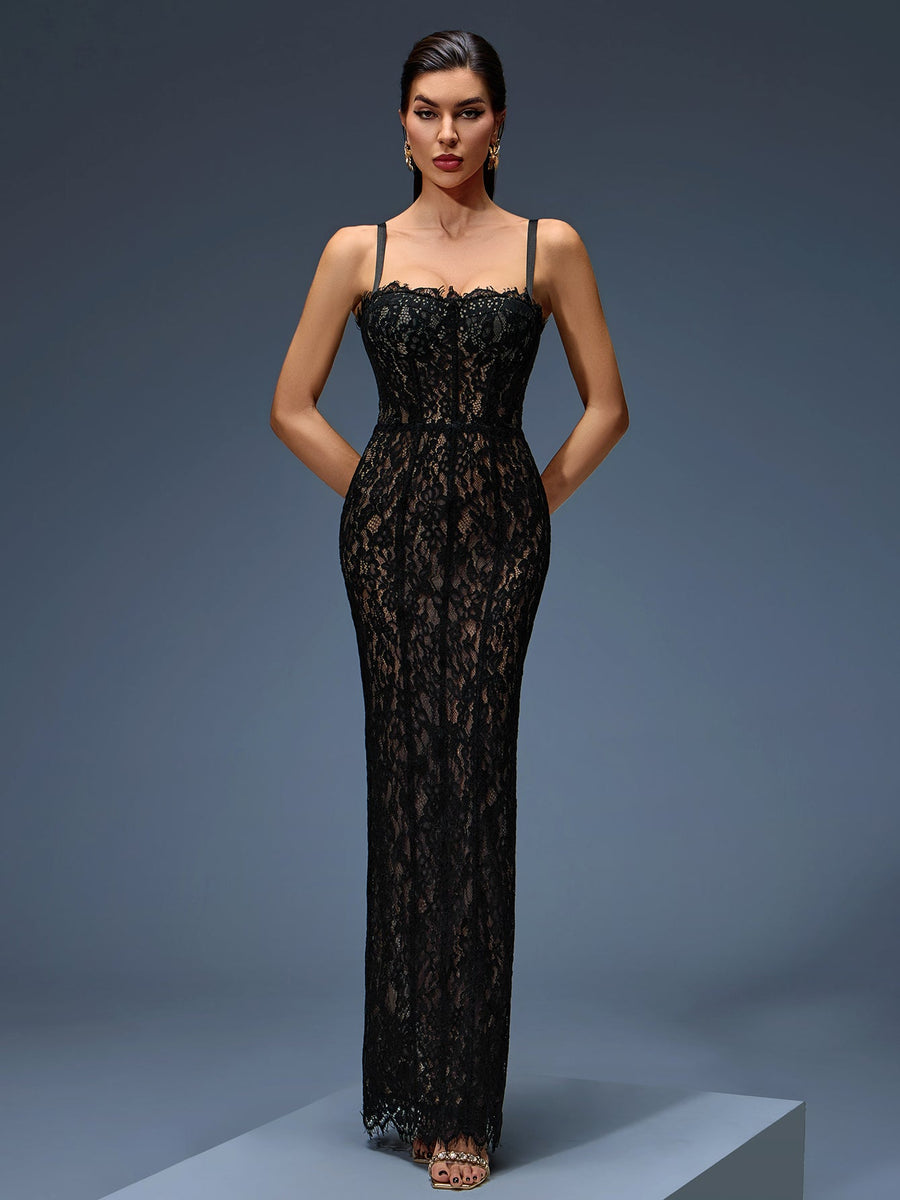 Fitted dress with lace and open back for an elegant style