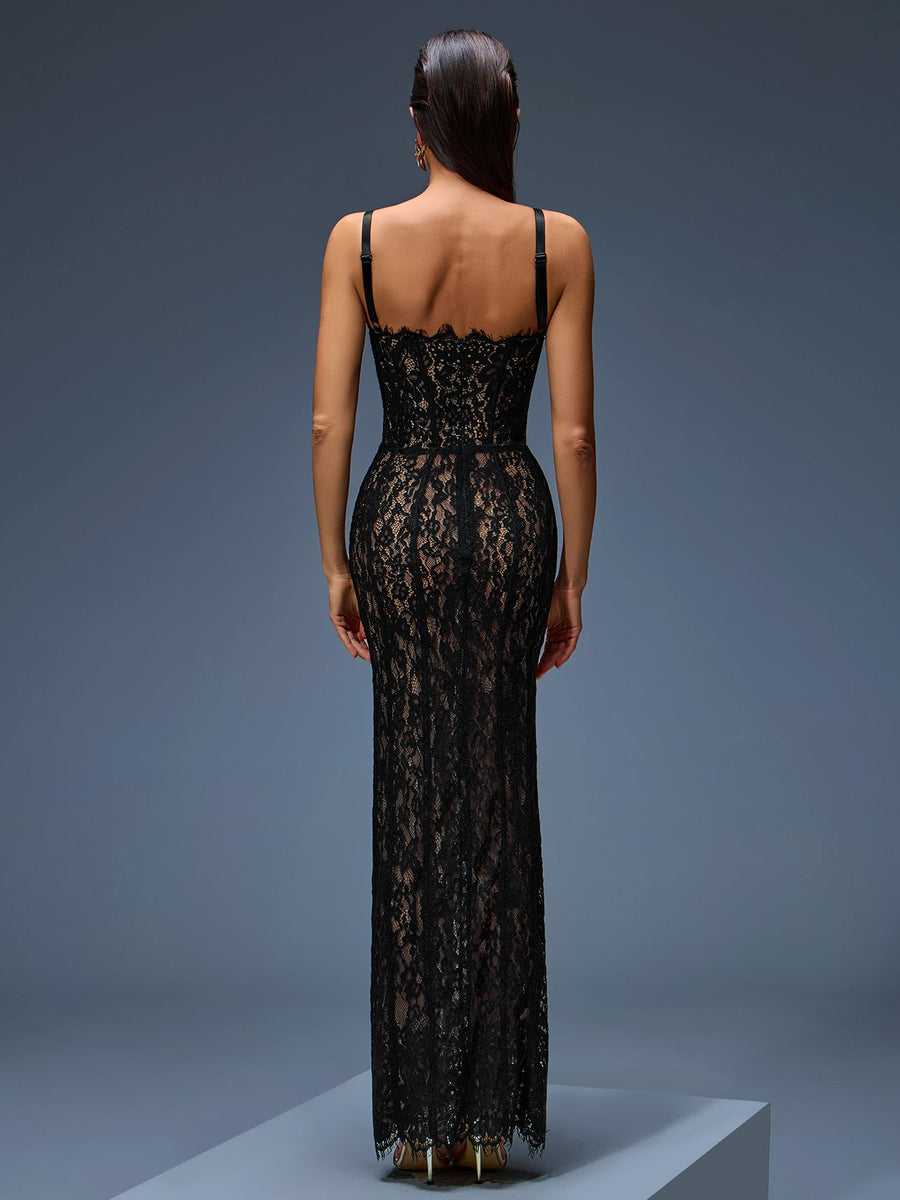 Fitted dress with lace and open back for an elegant style