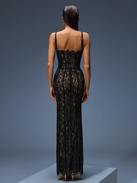 Fitted dress with lace and open back for an elegant style